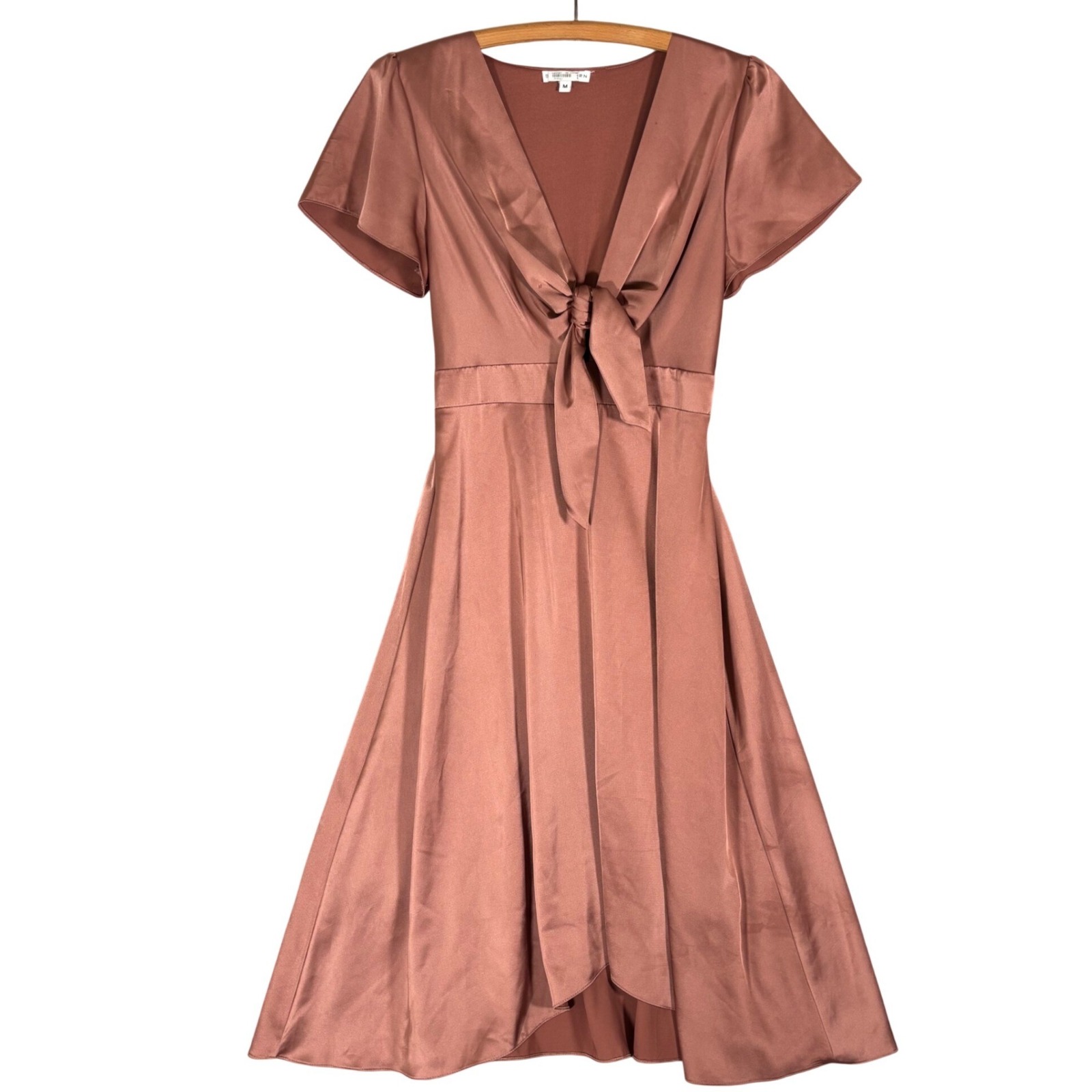 Baltic Born Rose Gold Satin Tie Front Fit & Flare Dress M Short Sleeve V-Neck